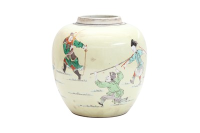 Lot 142 - A CHINESE FAMILLE-VERTE YELLOW-GROUND 'WARRIORS' JAR