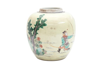 Lot 142 - A CHINESE FAMILLE-VERTE YELLOW-GROUND 'WARRIORS' JAR