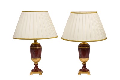 Lot 424 - A PAIR OF EMPIRE-STYLE GILT BRONZE AND RED MARBLE TABLE LAMPS