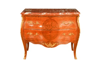 Lot 349 - A FRENCH LOUIS XV STYLE MARQUETRY INLAID BOMBE COMMODE