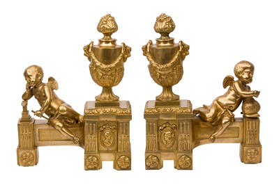 Lot 395 - A PAIR OF LOUIS XVI STYLE GILT BRONZE FIRE DOGS, LATE 19TH CENTURY