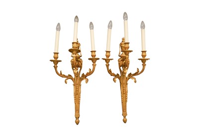 Lot 421 - A PAIR OF ORMOLU THREE-BRANCH NEOCLASSICAL STYLE WALL SCONCES, 20TH CENTURY