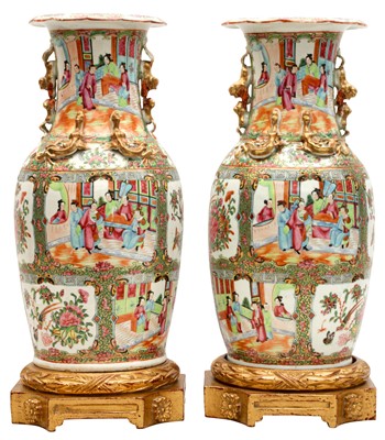 Lot 388 - A PAIR OF CHINESE EXPORT CANTON FAMILLE-ROSE MOUNTED VASES