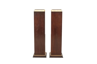 Lot 316 - A PAIR OF CONTEMPORARY DARK STAINED ASH AND PARCEL GILT PEDESTALS