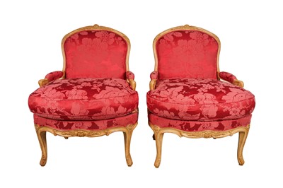 Lot 235 - A PAIR OF LOUIS XVI STYLE UPHOLSTERED ARMCHAIRS, LATE 20TH CENTURY