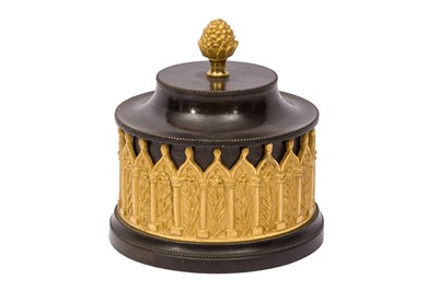 Lot 149 - A VICTORIAN GOTHIC REVIVAL BRONZE AND GILT-BRONZE INKWELL, LATE 19TH CENTURY