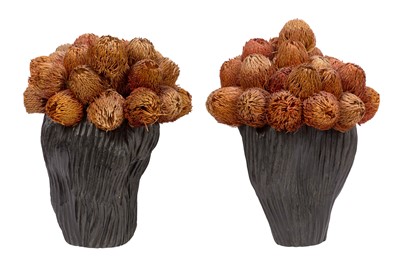 Lot 304 - A PAIR OF DECORATIVE SCULPTURAL VASES WITH FLORAL ELEMENTS