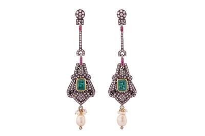 Lot 46 - AMRAPLI Ι A PAIR OF EMERALD, RUBY, DIAMOND AND PEARL PENDENT EARRINGS, CIRCA 2012