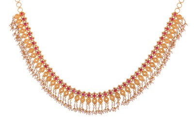 Lot 231 - AMRAPALI l A RUBY AND SEED PEARL FRINGE NECKLACE