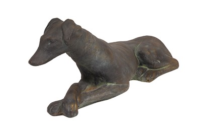 Lot 425 - A CONTEMPORARY BRONZED RECONSTITUTED STONE SCULPTURE OF A SEATED WHIPPET