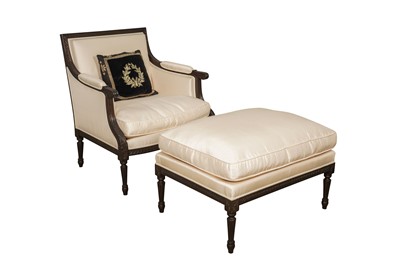 Lot 363 - A LOUIS XVI STYLE BERGÈRE CHAIR AND OTTOMAN SET, 20TH CENTURY