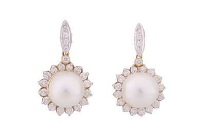 Lot 229 - A PAIR OF PEARL AND DIAMOND EARRINGS