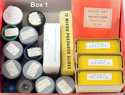 Lot 197 - Two Boxes of Microscope Objectives, Eyepieces & Prepared Slides etc.