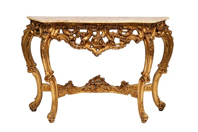 Lot 356 - A 19TH CENTURY FRENCH LOUIS XV STYLE GILTWOOD CONSOLE TABLE