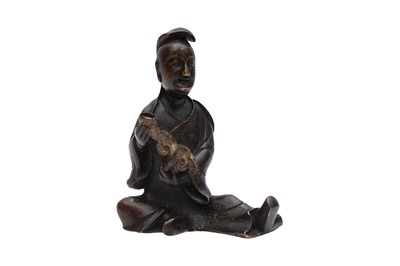 Lot 215 - A CHINESE BRONZE SCROLL SCHOLAR SEATED FIGURE WEIGHT