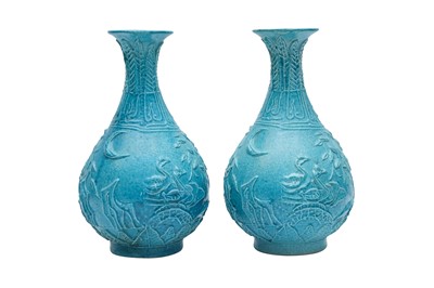 Lot 165 - A PAIR OF CHINESE TURQUOISE-GLAZED MOULDED VASES