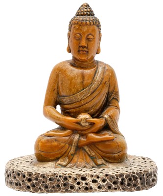 Lot 198 - A CHINESE SOAPSTONE FIGURE OF BUDDHA