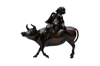 Lot 210 - A CHINESE BRONZE 'LAOZI RIDING A WATER BUFFALO' CENSER AND COVER