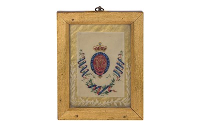 Lot 457 - A REVERSE PAINTED ON GLASS MILITARY CREST FOR THE BLUES & ROYALS