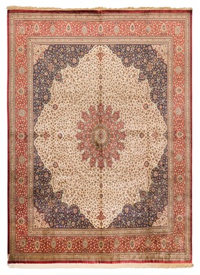 Lot 104 - An extremely fine and signed silk Qum central Persia carpet, approx 402cm. x 399cm
