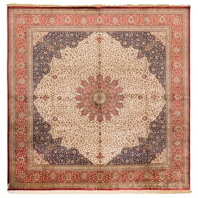 Lot 104 - An extremely fine and signed silk Qum central Persia carpet, approx 402cm. x 399cm