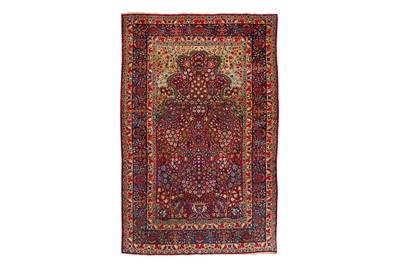 Lot 92 - AN ANTIQUE KIRMAN LAVER PRAYER RUG, SOUTH PERSIA