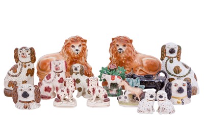 Lot 219 - A GROUP OF STAFFORDSHIRE POTTERY ANIMALS, 19TH CENTURY AND LATER