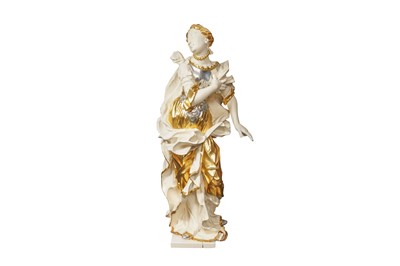 Lot 423 - A LARGE PAINTED, GILT AND SILVERED WOOD STATUE OF A LADY, 20TH CENTURY