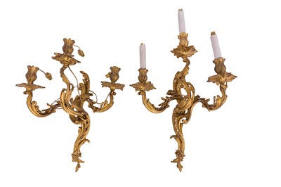 Lot 336 - A PAIR OF ROCOCO STYLE THREE BRANCH WALL SCONCES, LATE 19TH/EARLY 20TH CENTURY