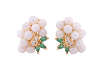 Lot 257 - A PAIR OF PEARL, EMERALD AND DIAMOND EARRINGS