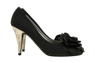 Lot 420 - Chanel Black Camellia Heeled Pump - Size 36