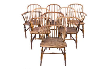 Lot 345 - A HARLEQUIN SET OF SIX HOOP BACK WINDSOR CHAIRS