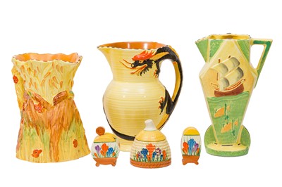 Lot 499 - A COLLECTION OF THREE CLARICE CLIFF CROCUS PATTERN ITEMS AND THREE BURLEIGH WARE JUGS, CIRCA 1930s-1940s