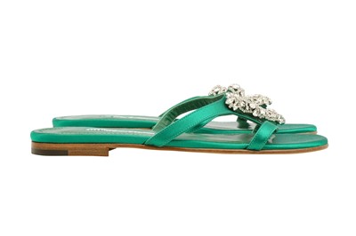 Lot 215 - Manolo Blahnik Green Trinamu Embellished Flat Sandal - Size 37