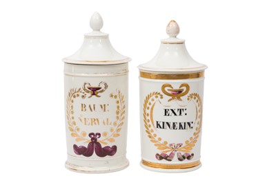 Lot 494 - TWO FRENCH PORCELAIN APOTHECARY JARS, LATE 19TH/EARLY 20TH CENTURY