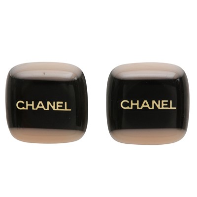 Lot 547 - Chanel Black Square Resin 'Chanel' Clip On Earrings