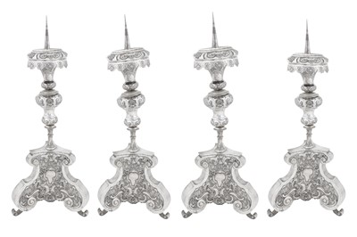 Lot 296 - A set of four mid-18th century German silver altar candlesticks (altarleuchter), Augsburg 1745-47 by Franz Christoph Mederle (master 1729, d. 1765)