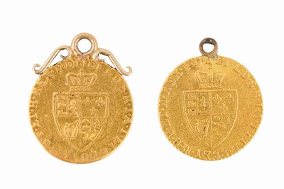 Lot 128 - TWO KING GEORGE III HALF-SPADE GUINEAS, BOTH MOUNTED AS PENDANTS