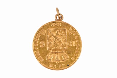 Lot 111 - A DUTCH WILLEM III 10 GUILDER (GULDEN) COIN DATED 1875, MOUNTED AS A PENDANT