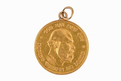 Lot 111 - A DUTCH WILLEM III 10 GUILDER (GULDEN) COIN DATED 1875, MOUNTED AS A PENDANT