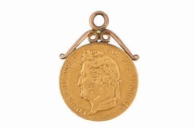 Lot 107 - A LOUIS PHILIPPE 20 FRANCS COIN DATED 1834, MOUNTED AS A PENDANT