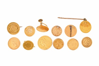 Lot 133 - A GROUP OF TWELVE AMERICAN COINS AND A SPANISH GOLD COINS, SOME IN SETTINGS