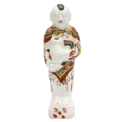 Lot 422 - A small Chinese wucai 'Hehe Erxian' figure, Qing dynasty, Kangxi period