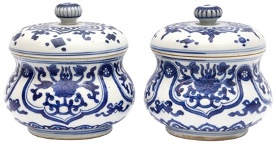 Lot 4 - A PAIR OF CHINESE BLUE AND WHITE POTS AND COVERS