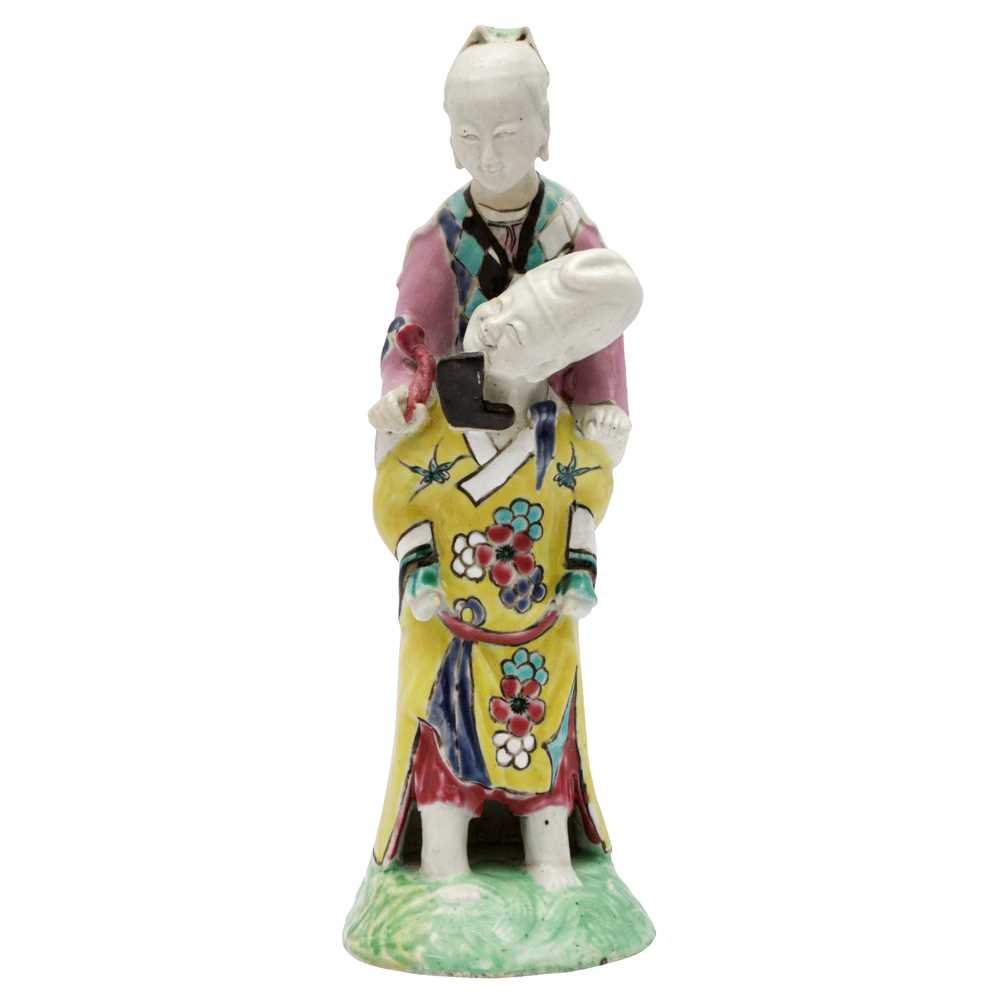 Lot 471 - A rare Chinese famille-rose 'man carrying lady' figure, Qing dynasty, Qianlong period