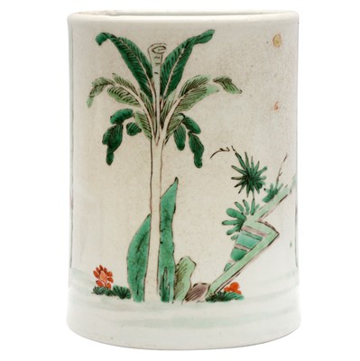Lot 424 - A Chinese famille-verte 'figural' brush pot, Qing dynasty, Kangxi period