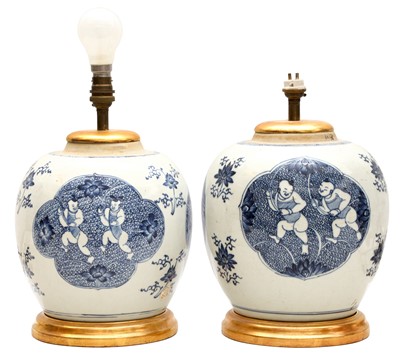 Lot 90 - A PAIR OF CHINESE BLUE AND WHITE 'BOYS' JARS