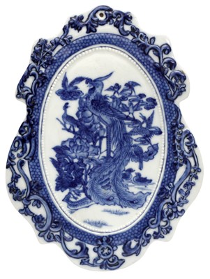 Lot 89 - A CHINESE BLUE AND WHITE 'PEACOCK' PLAQUE