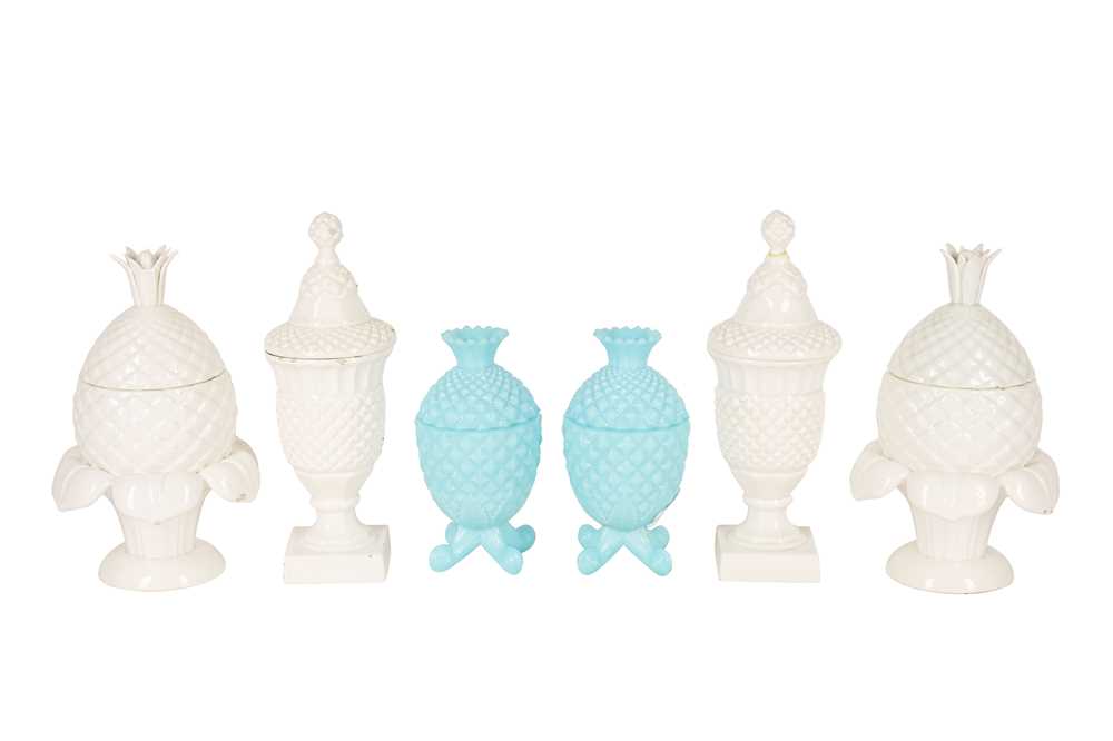 Lot 501 - TWO PAIRS OF CASASUS, SPAIN WHITE GLAZED POTTERY PINEAPPLE JARS AND COVERS