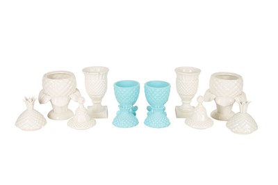 Lot 501 - TWO PAIRS OF CASASUS, SPAIN WHITE GLAZED POTTERY PINEAPPLE JARS AND COVERS